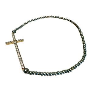 Minimalist Rhinestone Cross Beaded Bracelet Silver-tone Stretch Bracelet